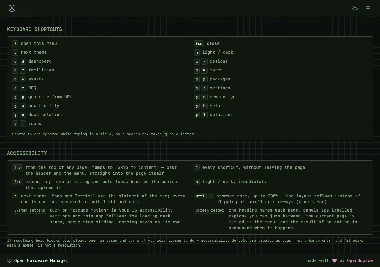The keyboard and accessibility tables on /help